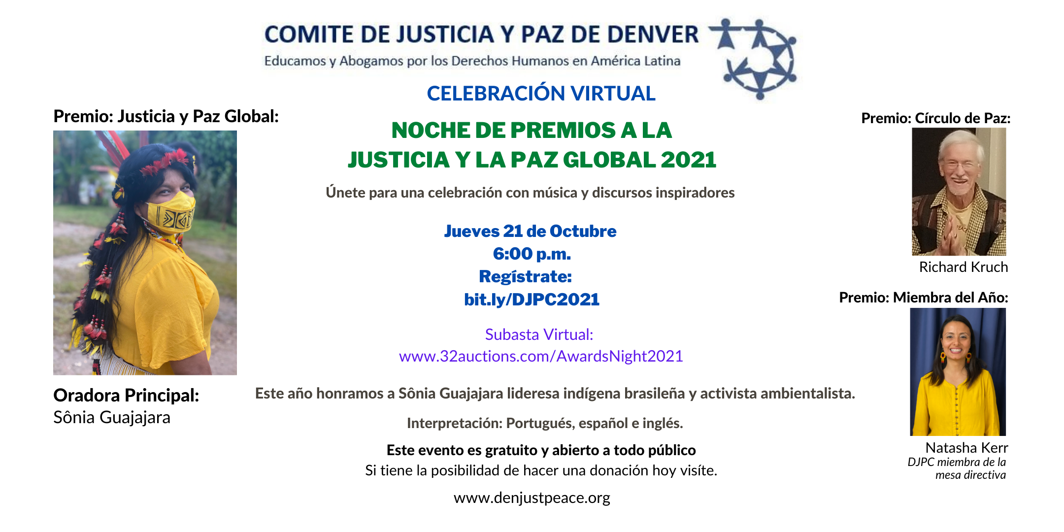 Invitación: Noche de Premios a la Justicia y la Paz Global 2021: Jueves 21 de Octubre a las 18:00 horas.