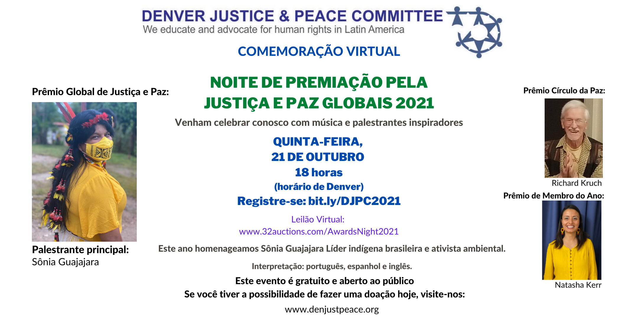 Convite: Noite de Premiação pela Justiça e Paz Globais 2021. Quinta-feira, 21 de outubro, às 18:00.